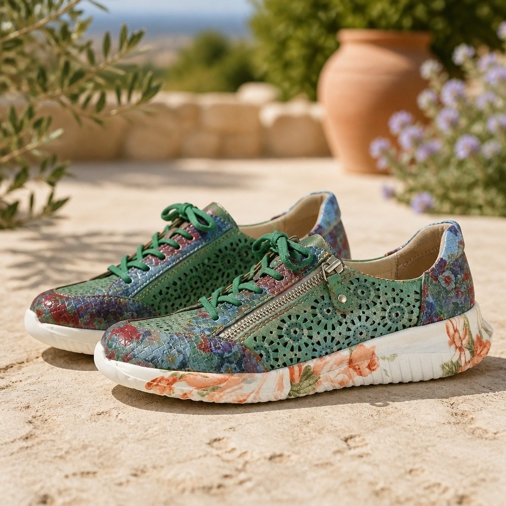 Spring Step L'Artiste Carleigh Floral Leather Sneakers Green Multi Zip Size 38